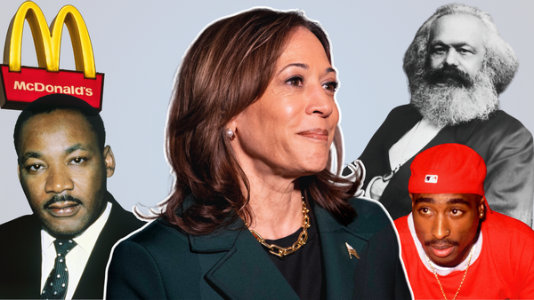 A Black South Asian woman is pictured in the center of an image. Surrounding her from left to right is a Black man wearing a suit, a yellow and red logo that say's McDonald's, a black-and-white image of a white man wearing a black suit and a Black man wearing a red shirt and backwards baseball cap.