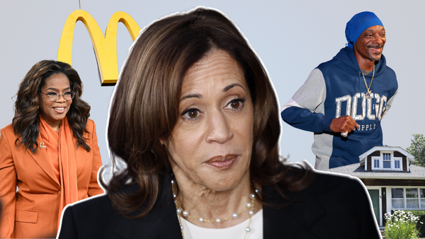 A Black South Asian woman wearing a black suit is pictured in the center of the image. Surrounding her is a Black woman wearing an orange suit, a yellow Msign, a Black man wearing a blue and gray hoodie, and a brown house.