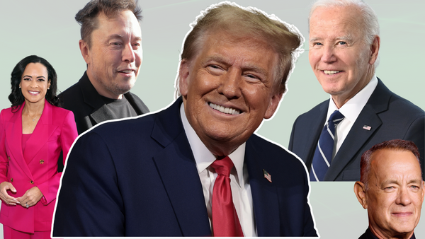 A white man wearing a blue suit smiles. Surrounding him is a Black woman wearing a pink suit, a white man wearing a black top, a white man wearing a blue suit, and the face of a white man in the right corner.