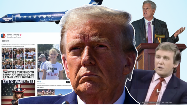 A white man wearing a blue suit is centered in the middle of an image. Surrounding him is a X post from Donald Trump saying he accepts the endorsement of Taylor Swift, a blue TRUMP 2024 jet, a white man wearing a black suit standing behind a podium and a younger version of the man in the center of the image wearing a blue suit.