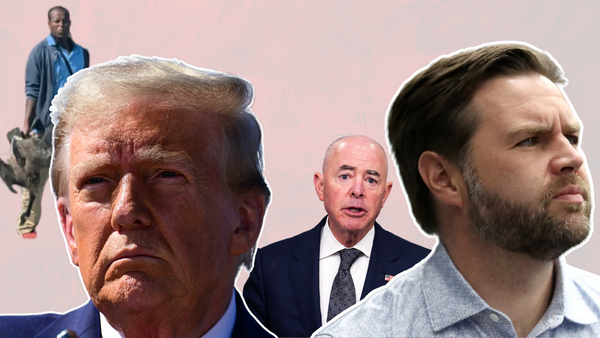 Two white men are pictured towards the bottom of the image. In the top right corner, a Black person holds a goose. In the middle of the two white men is a Latino wearing a blue suit.