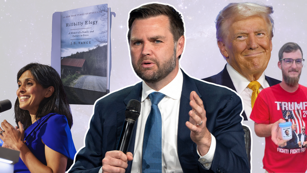 A collage shows a white man wearing a blue suit speaking into a microphone. Surrounding him from left to right is an Indian woman wearing ablue dress before a podium with a microphone, a book titled "Hillbilly Elegy," a white man wearing a black suit, and a white man holding a semen cup and wearing a TRUMP 2024 shirt.