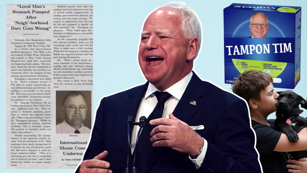 A white man wearing a blue suit is pictured speaking in front of a microphone. From left to right, other images show a newspaper article titled "Local Man's Stomach Pumped After 'Neigh'-borhood Dare Goes Wrong,' a tampon box that says 'Tampon Tim' and a white boy kissing a black dog.