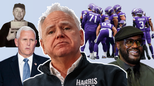 A white man is wearing a blue jacket that says HARRIS on it in white letters. Surrounding him from left to white clockwise is a white man wearing a blue suit, a white man in a black and white image, a group of men wearing purple uniforms and a Black man wearing a black fedora, shirt and tie.